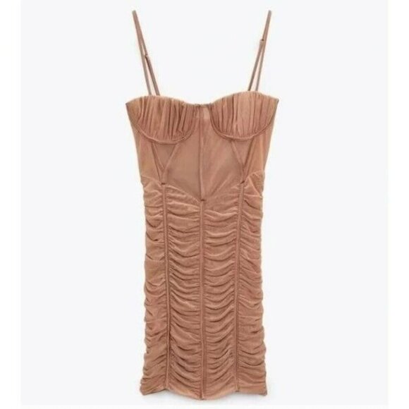 NWOT Zara dusty rose ruched tulle corset mini dress, XS - Picture 6 of 16